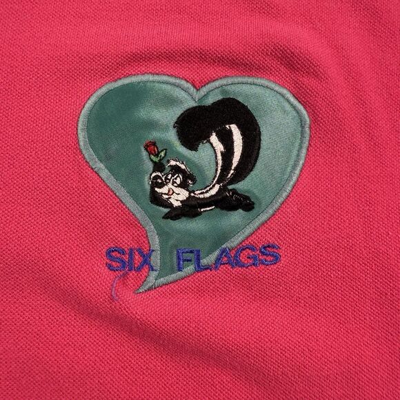 VTG 90s Six Flags Pepe Le Pew Embroidered Polo Shirt Men’s Fuchsia Teal Size L - Picture 4 of 10